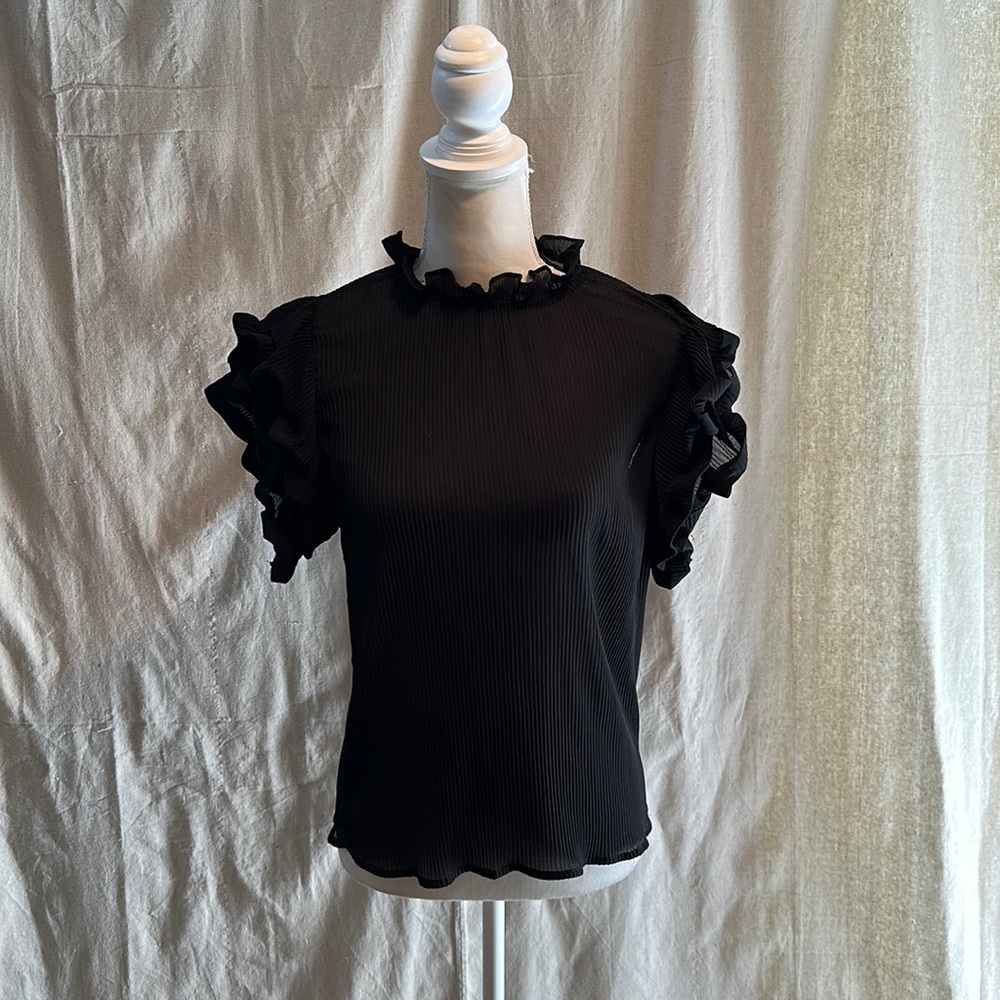 Haute Monde black micro-pleated shirt with ruffle sleeves